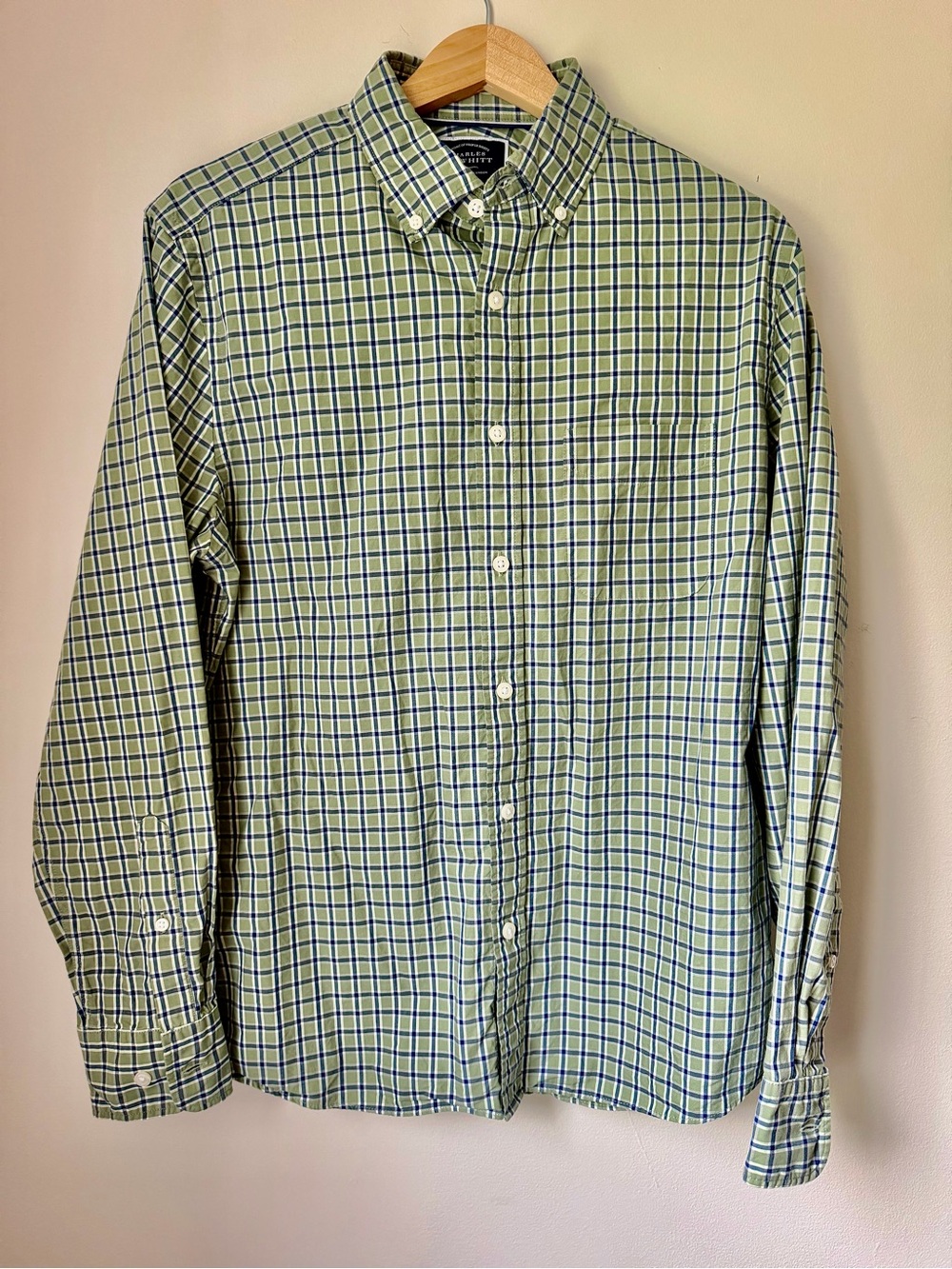 Charles Tyrwhitt men’s medium plaid button down dress shirt green blue white